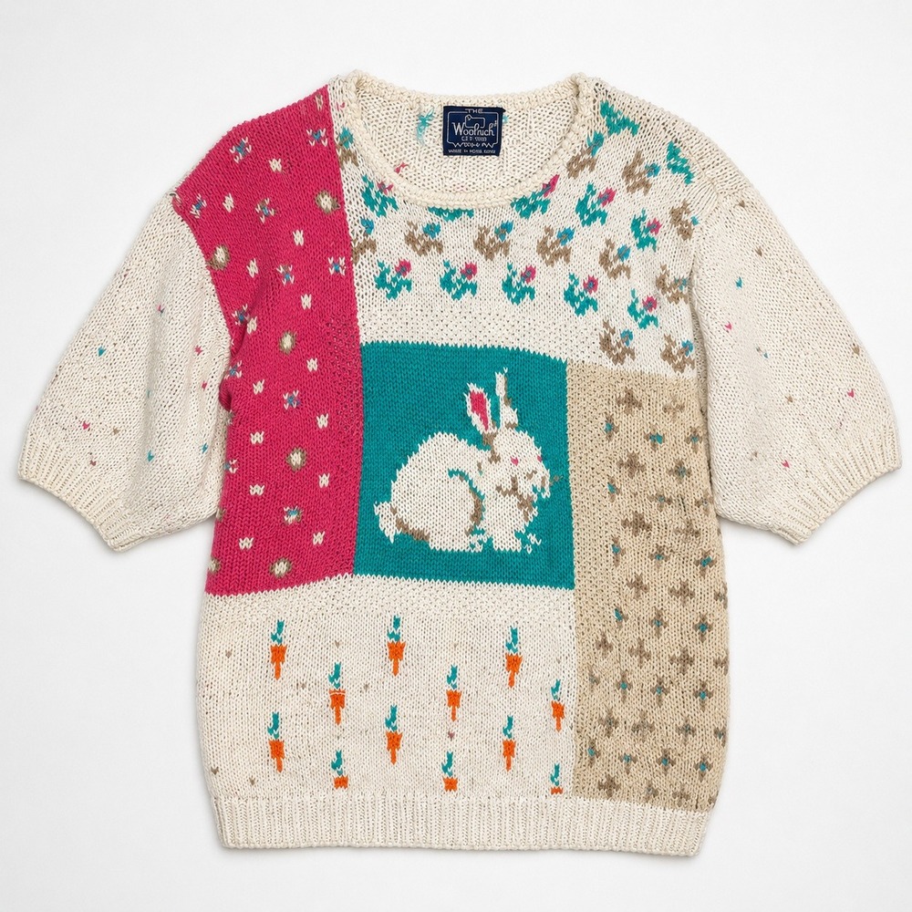 Vtg Woolrich Woman Bunny Rabbit Knit Sweater Patchwork Cottagecore XL Easter